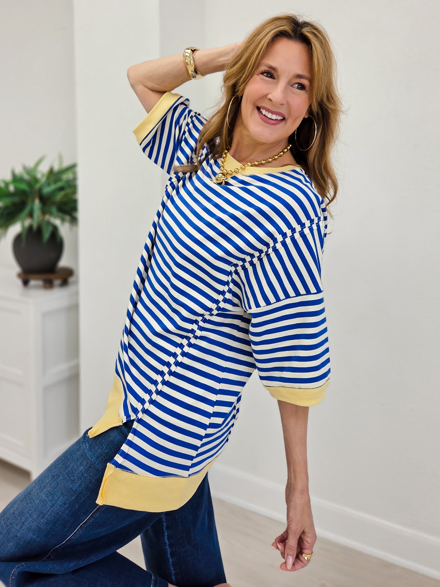 Oversized Stripe Casual Knit Top With Half Sleeves