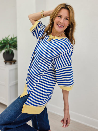 Oversized Stripe Casual Knit Top With Half Sleeves