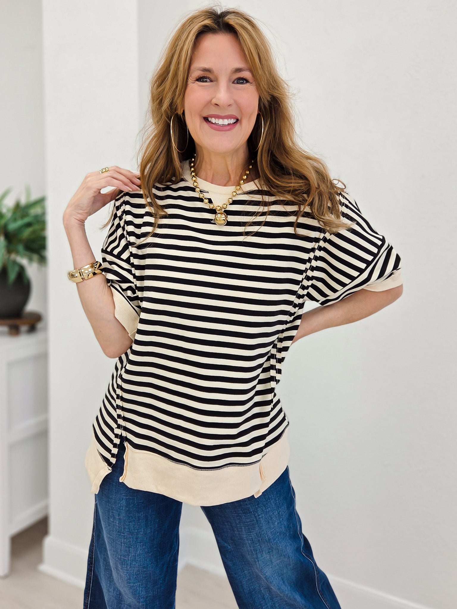 Oversized Stripe Casual Knit Top With Half Sleeves
