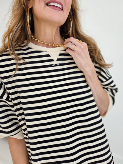 Oversized Stripe Casual Knit Top With Half Sleeves