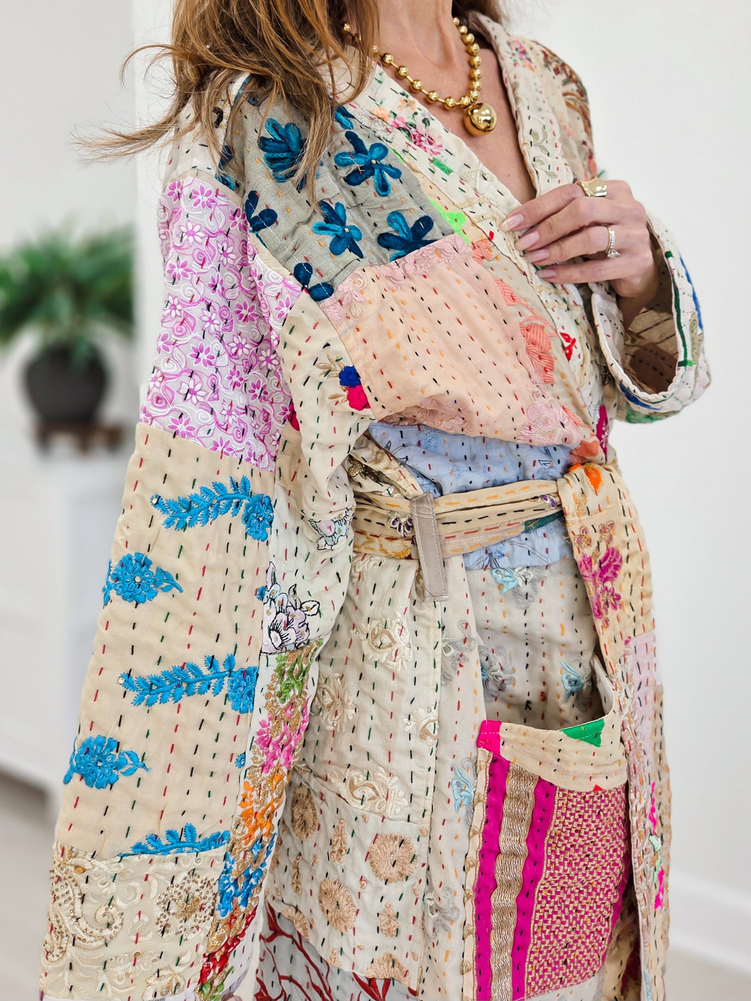 Handcrafted Stitch Waistband Woven Kimono Top