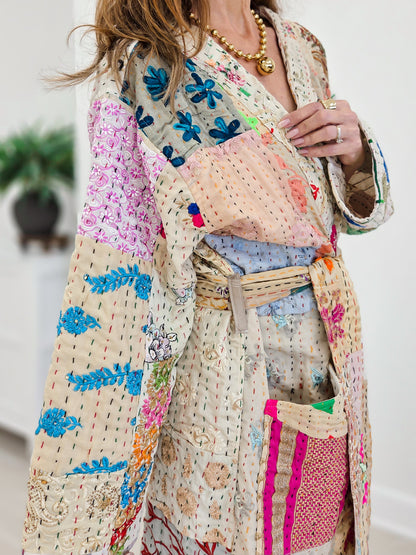 Handcrafted Stitch Waistband Woven Kimono Top