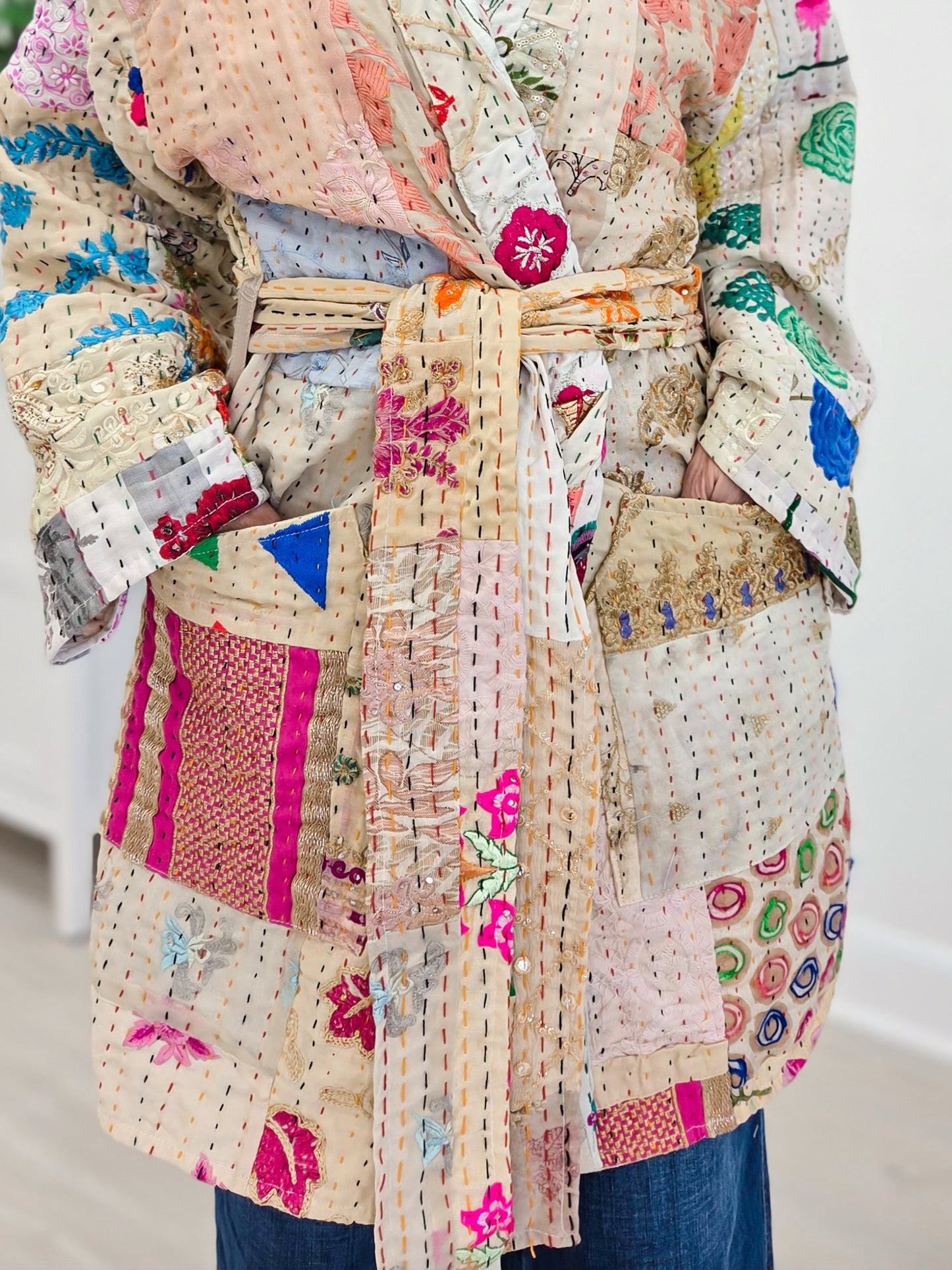 Handcrafted Stitch Waistband Woven Kimono Top