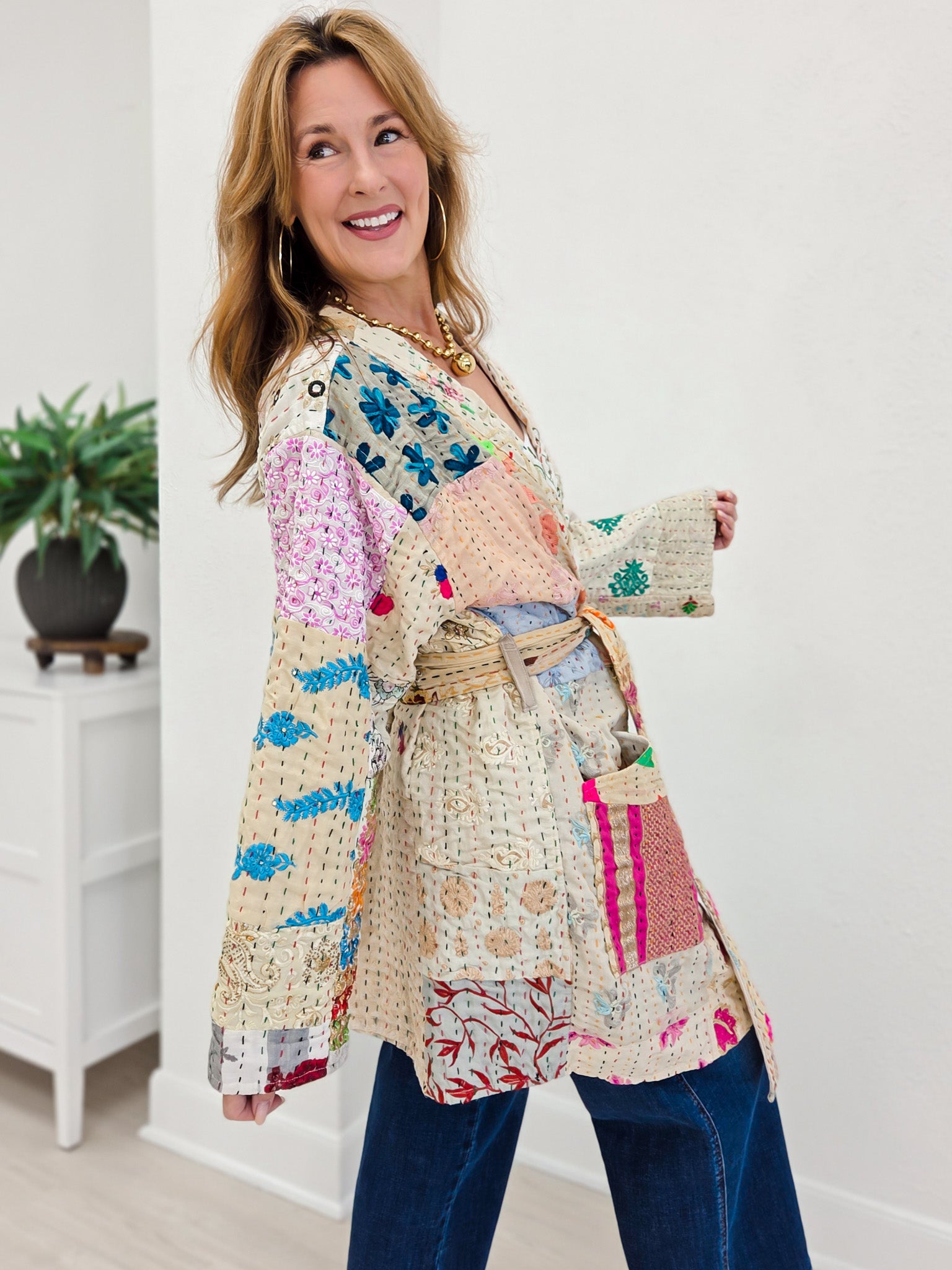 Handcrafted Stitch Waistband Woven Kimono Top
