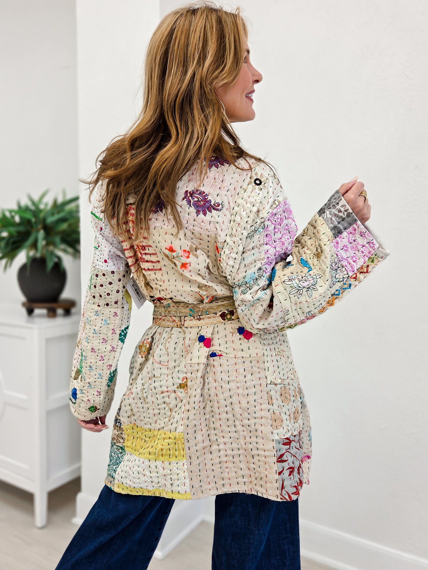 Handcrafted Stitch Waistband Woven Kimono Top