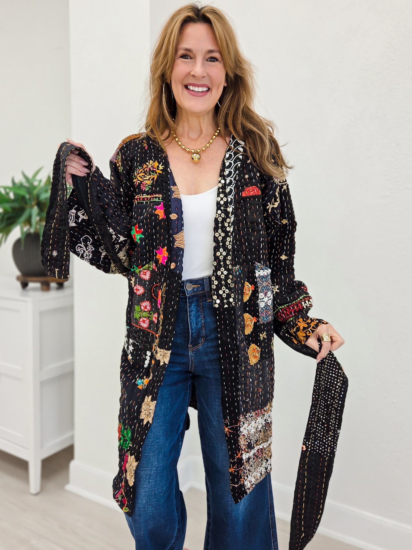 Handcrafted Stitch Waistband Woven Kimono Top