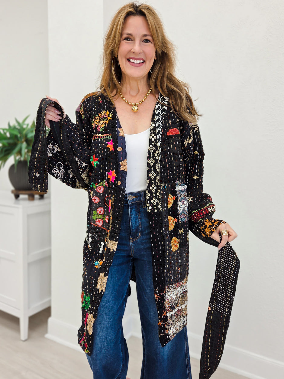 Handcrafted Stitch Waistband Woven Kimono Top