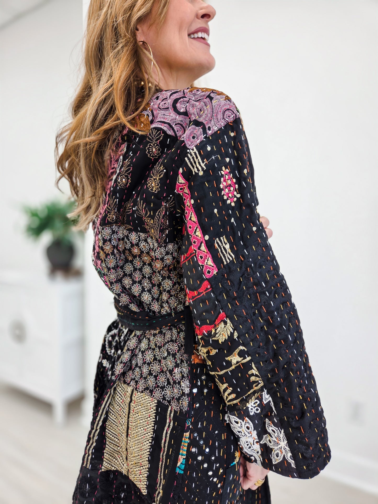 Handcrafted Stitch Waistband Woven Kimono Top
