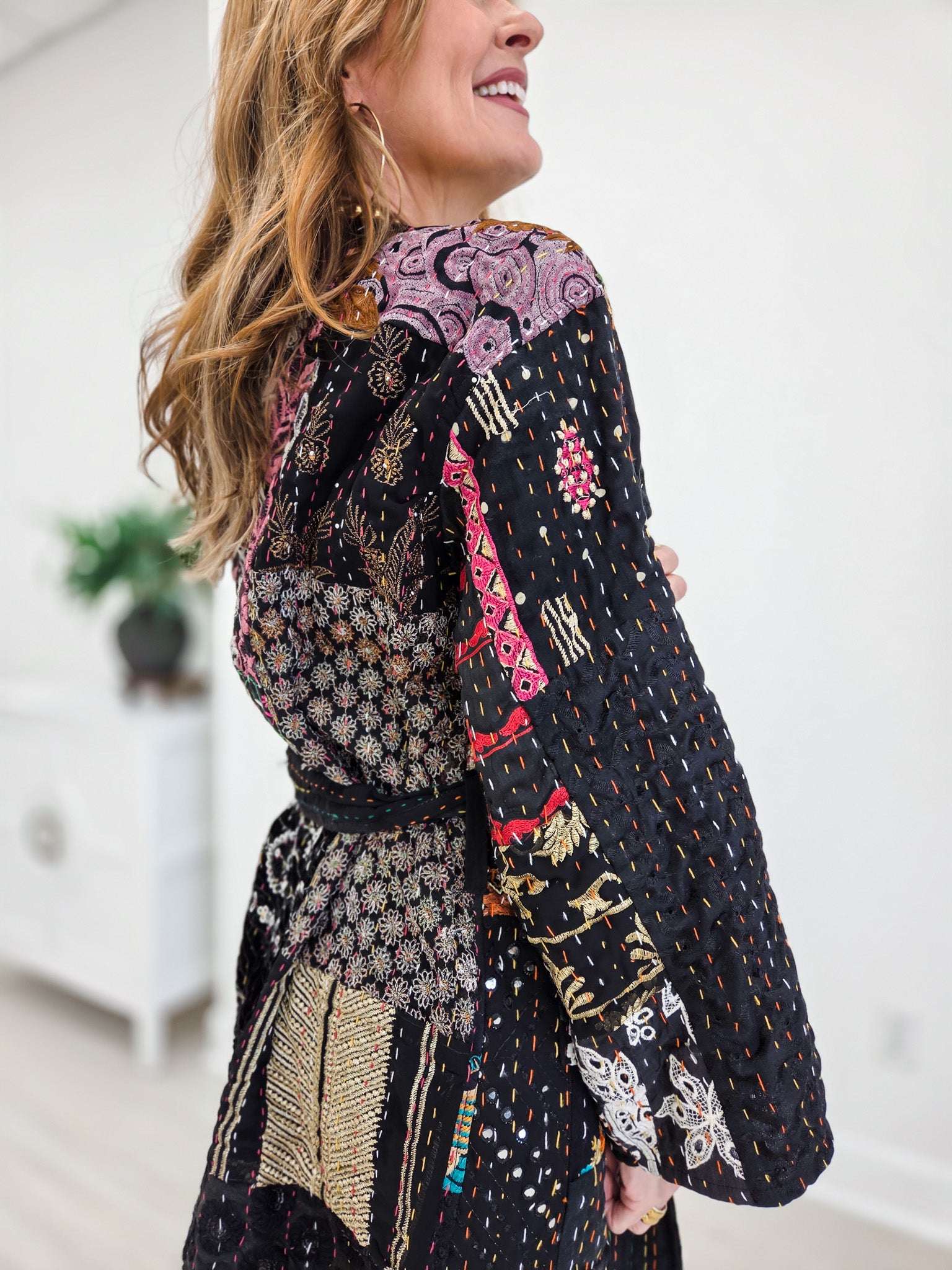 Handcrafted Stitch Waistband Woven Kimono Top