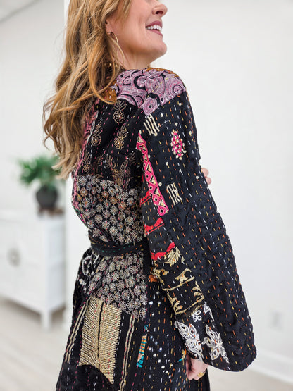 Handcrafted Stitch Waistband Woven Kimono Top