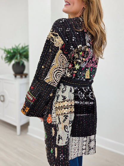 Handcrafted Stitch Waistband Woven Kimono Top