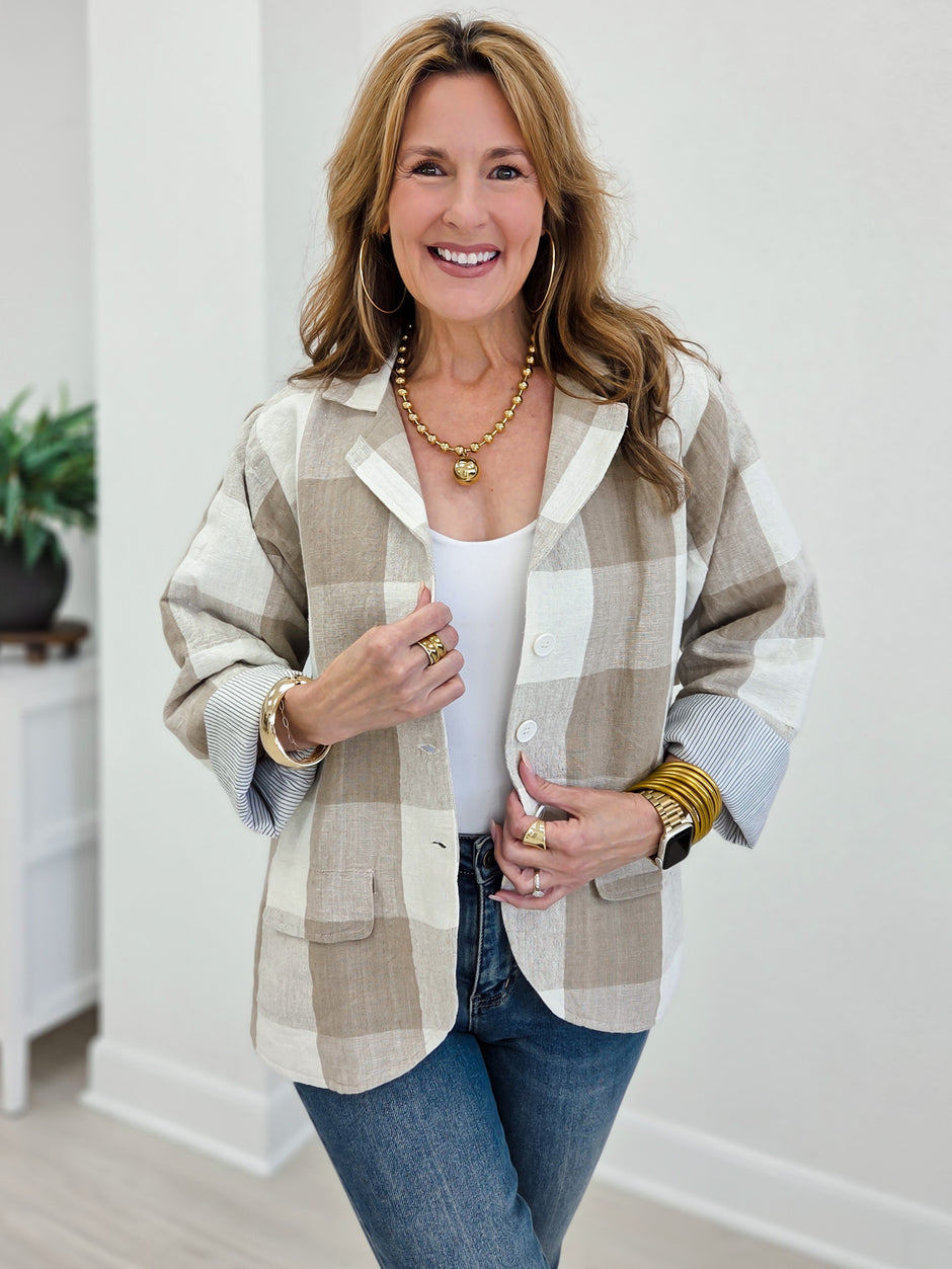 Plaid Pattern Front Pocket Woven Lining Linen Jacket
