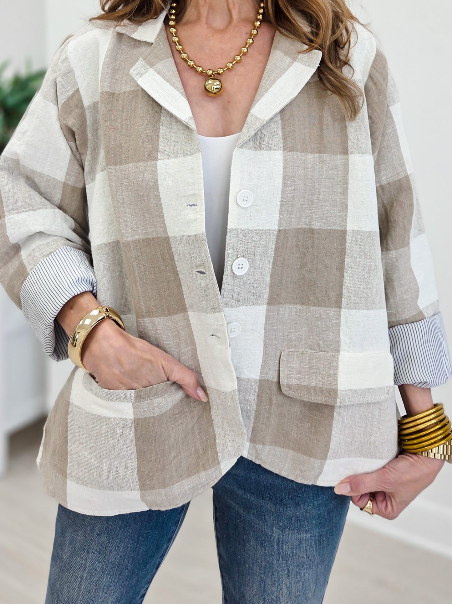 Plaid Pattern Front Pocket Woven Lining Linen Jacket