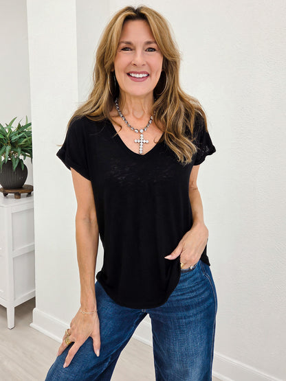 Easy To Wear Slub V-Neck Cuffed Short Sleeve Top
