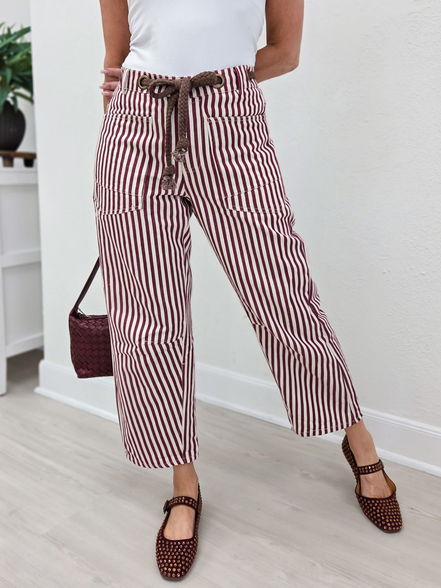 Washed Vintage Stripe Rope String Pants-B