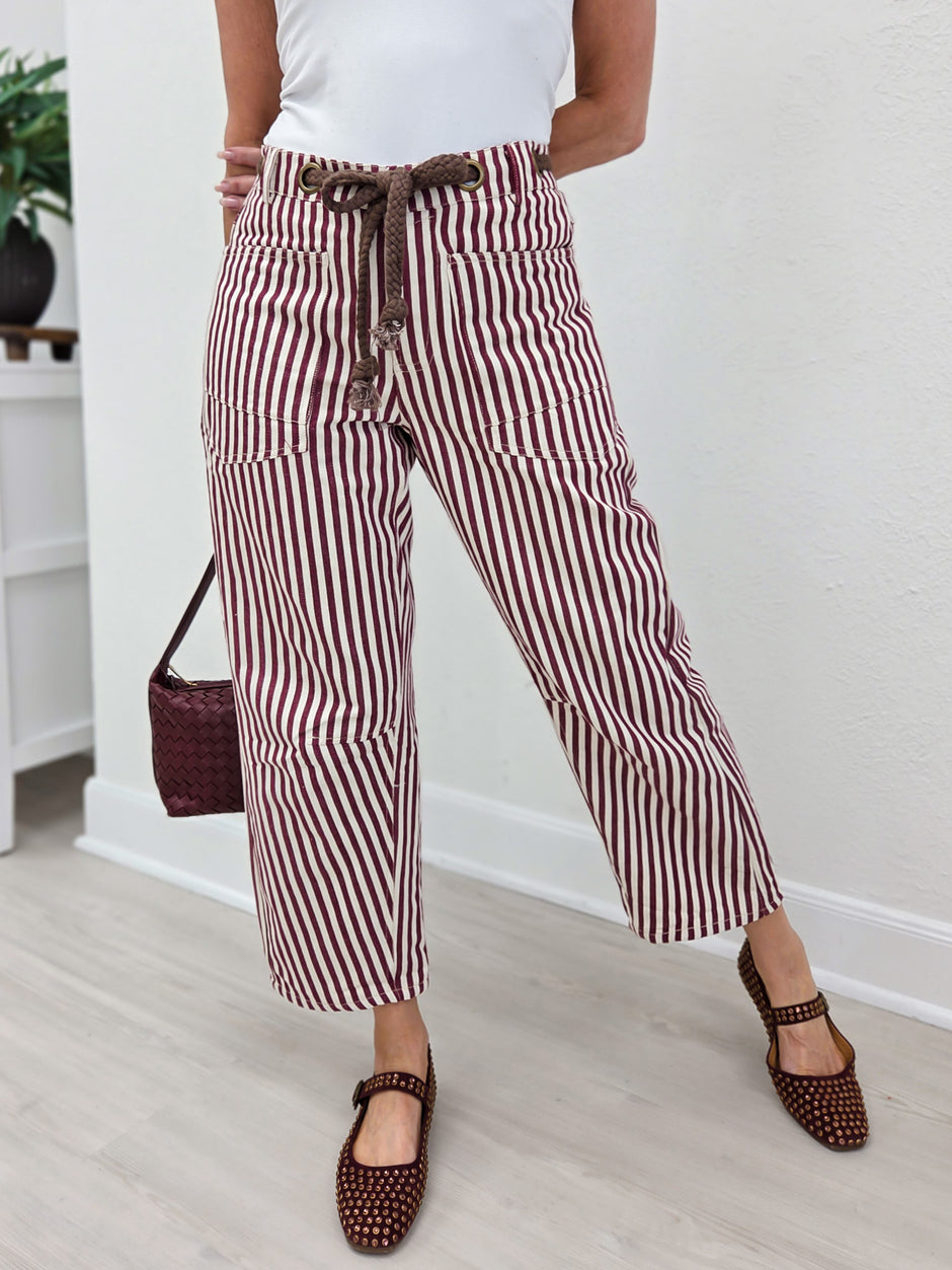 Washed Vintage Stripe Rope String Pants-B