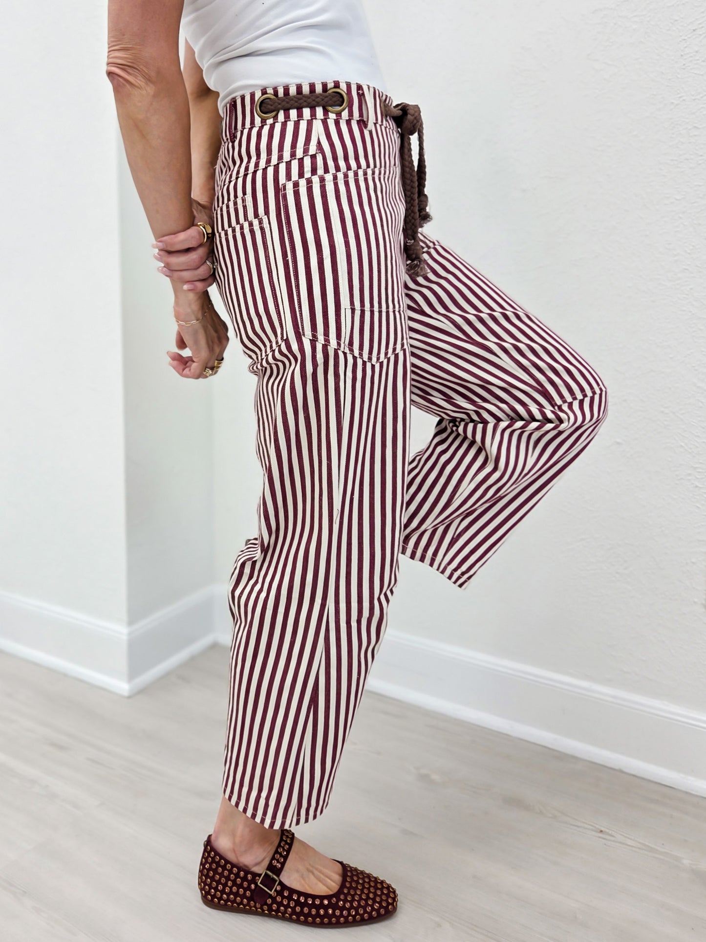 Washed Vintage Stripe Rope String Pants-B