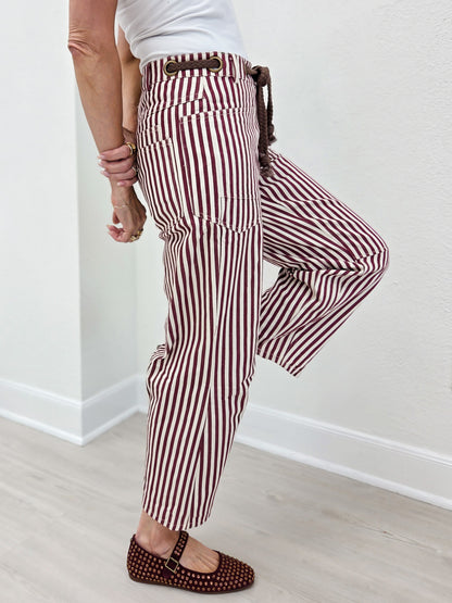 Washed Vintage Stripe Rope String Pants-B