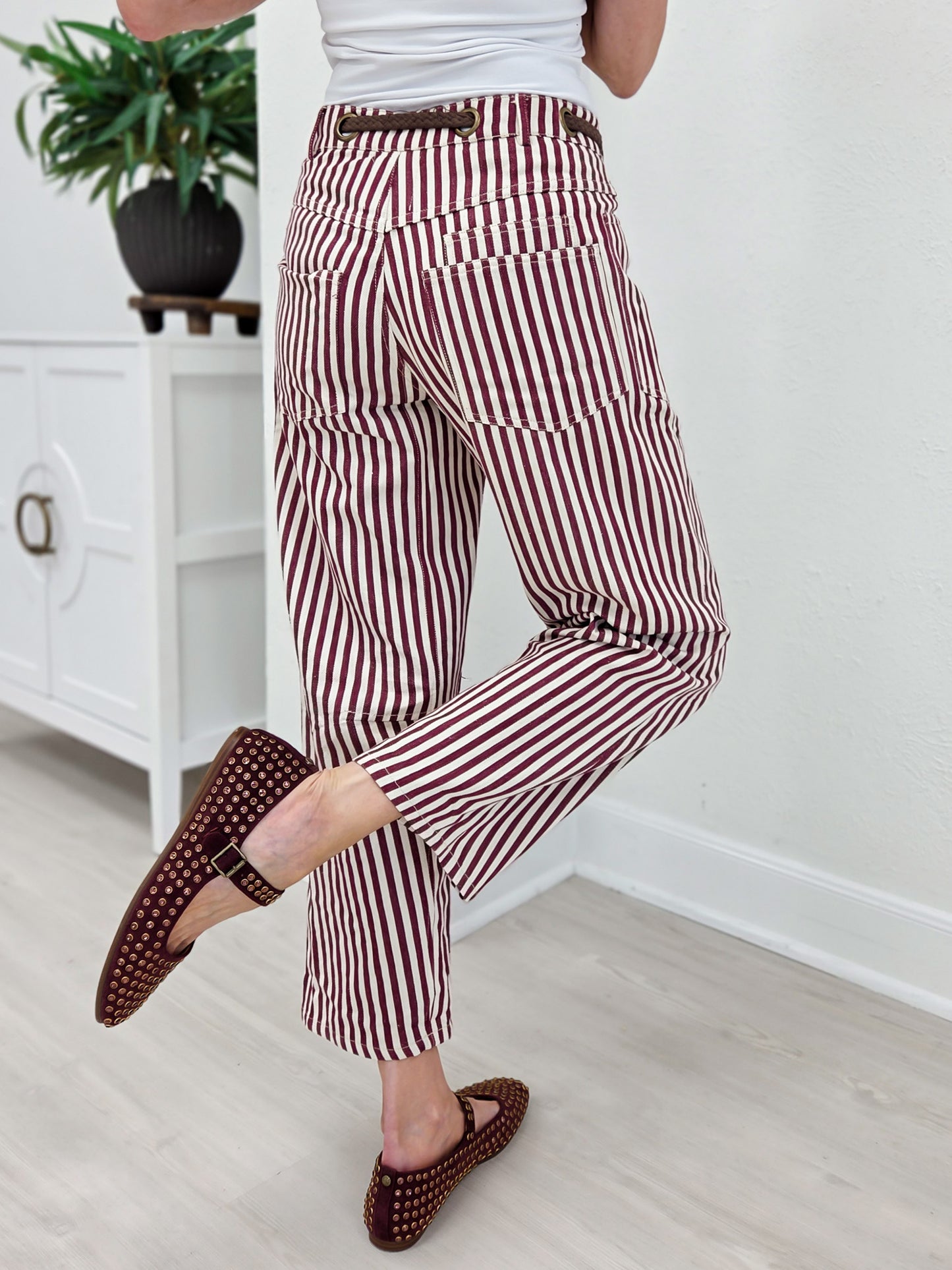 Washed Vintage Stripe Rope String Pants-B
