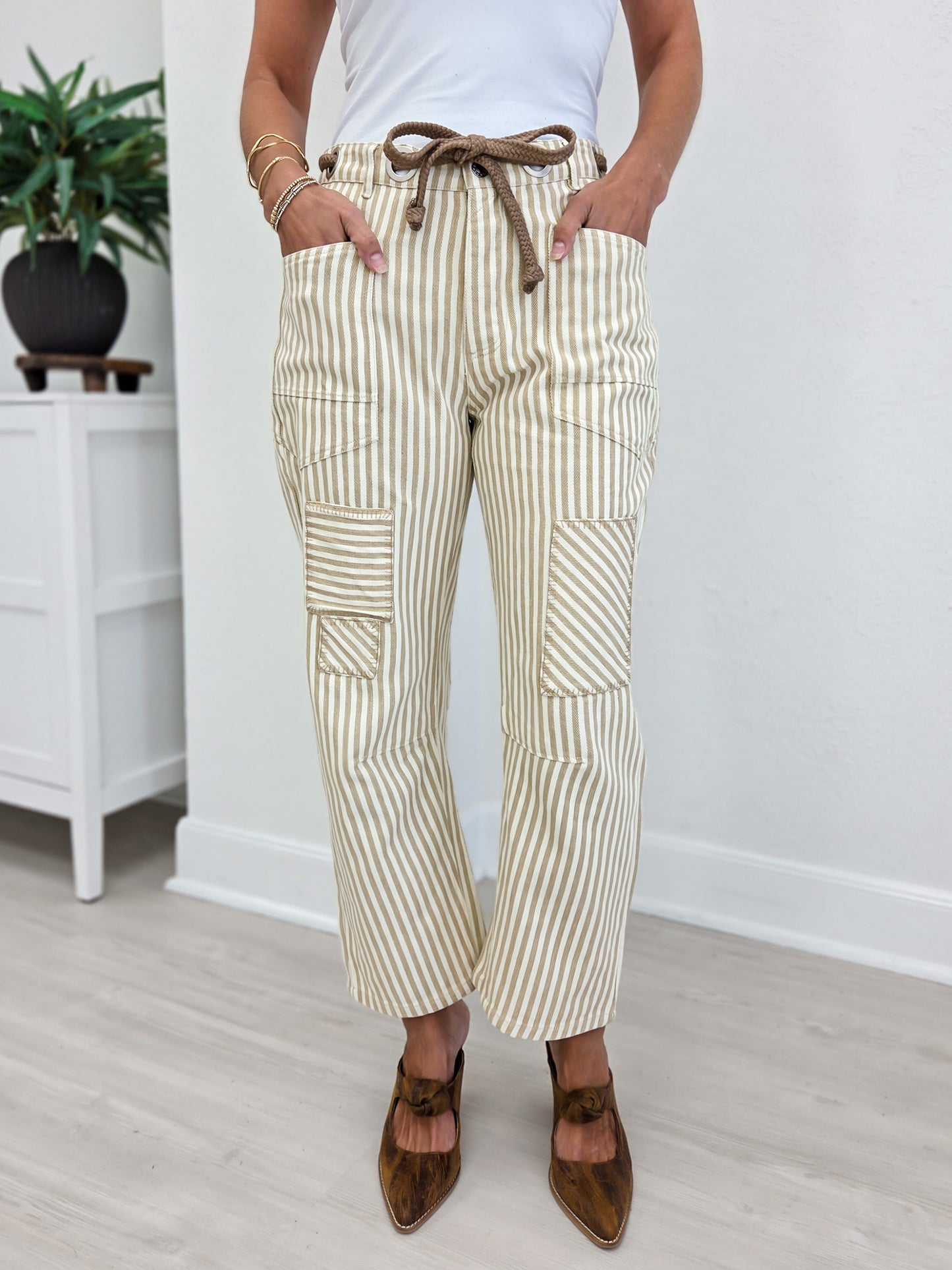 Washed Vintage Stripe Rope String Pants-A
