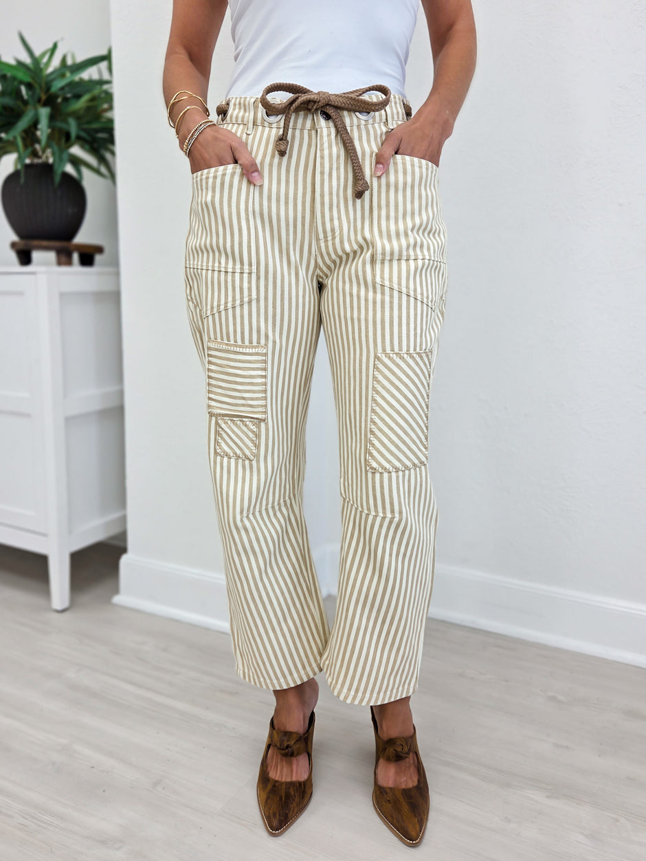 Washed Vintage Stripe Rope String Pants-A