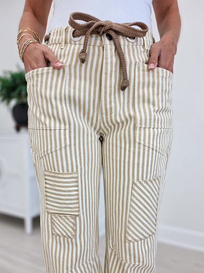 Washed Vintage Stripe Rope String Pants-A