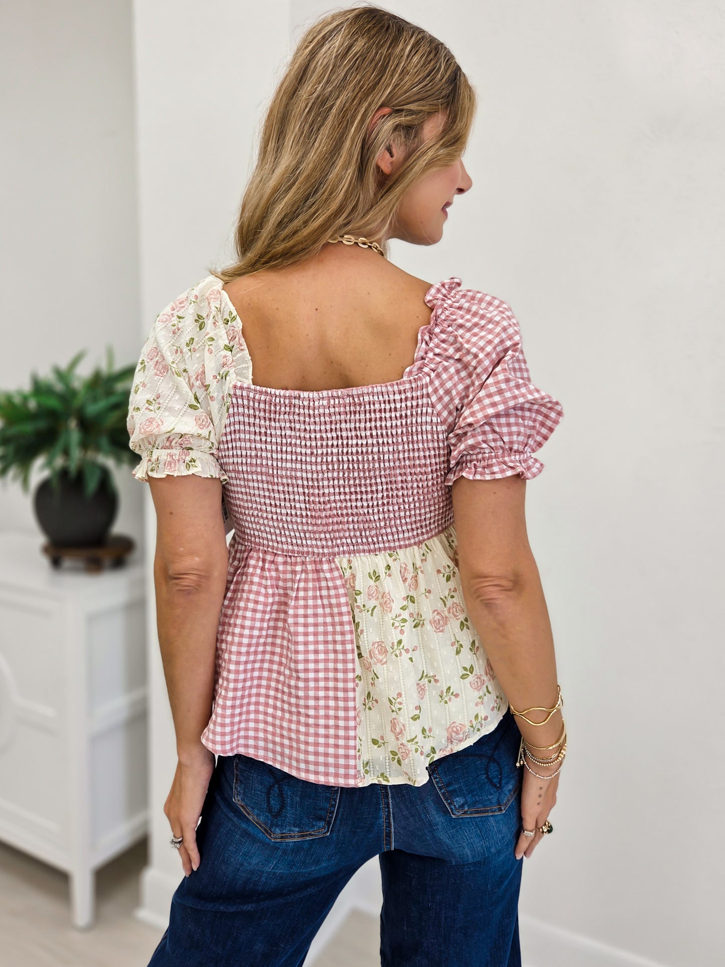 Rose Floral Gingham Sweetheart Babydoll Blouse