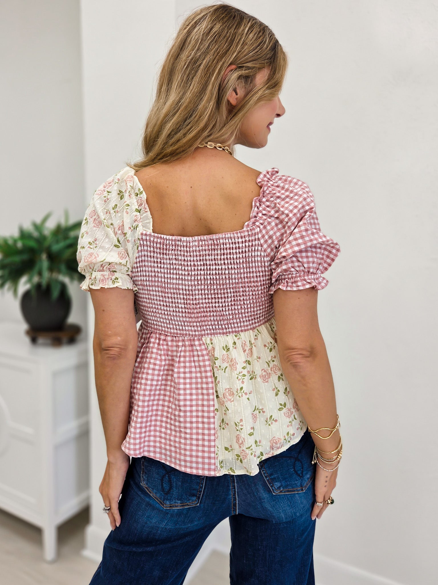 Rose Floral Gingham Sweetheart Babydoll Blouse
