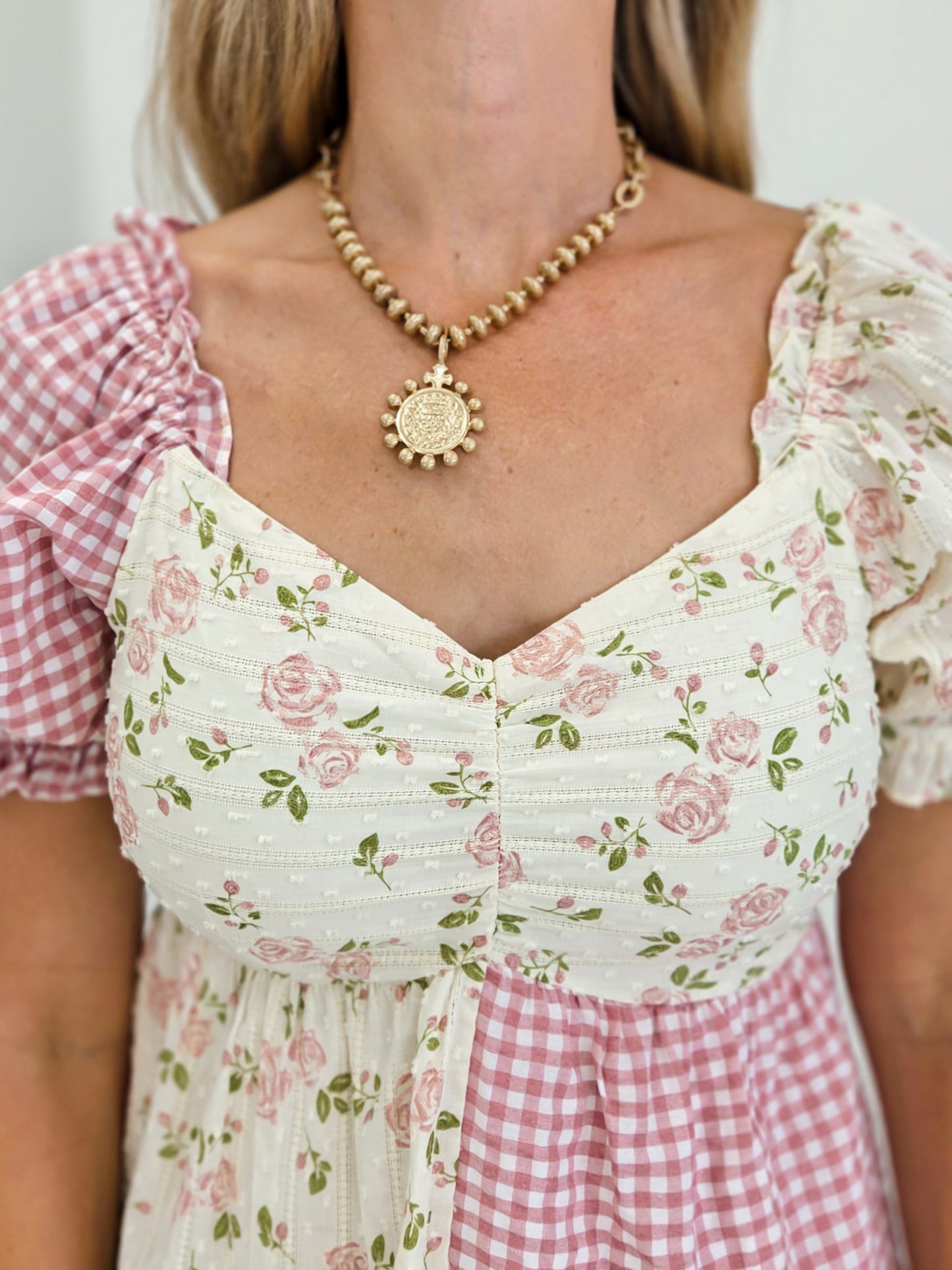 Rose Floral Gingham Sweetheart Babydoll Blouse