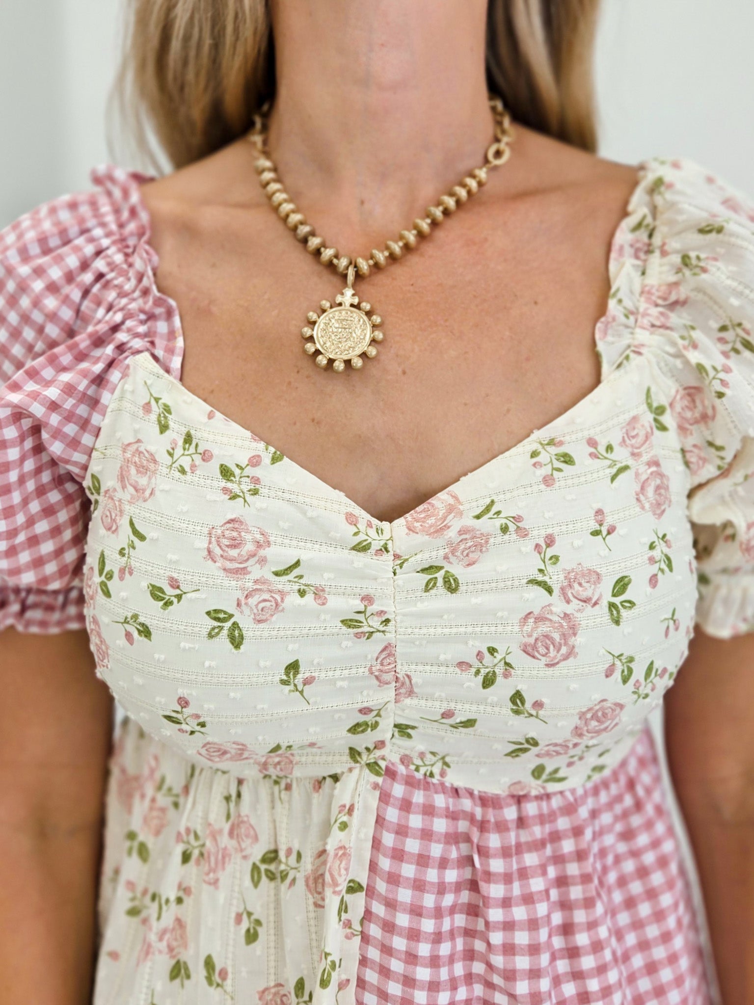 Rose Floral Gingham Sweetheart Babydoll Blouse