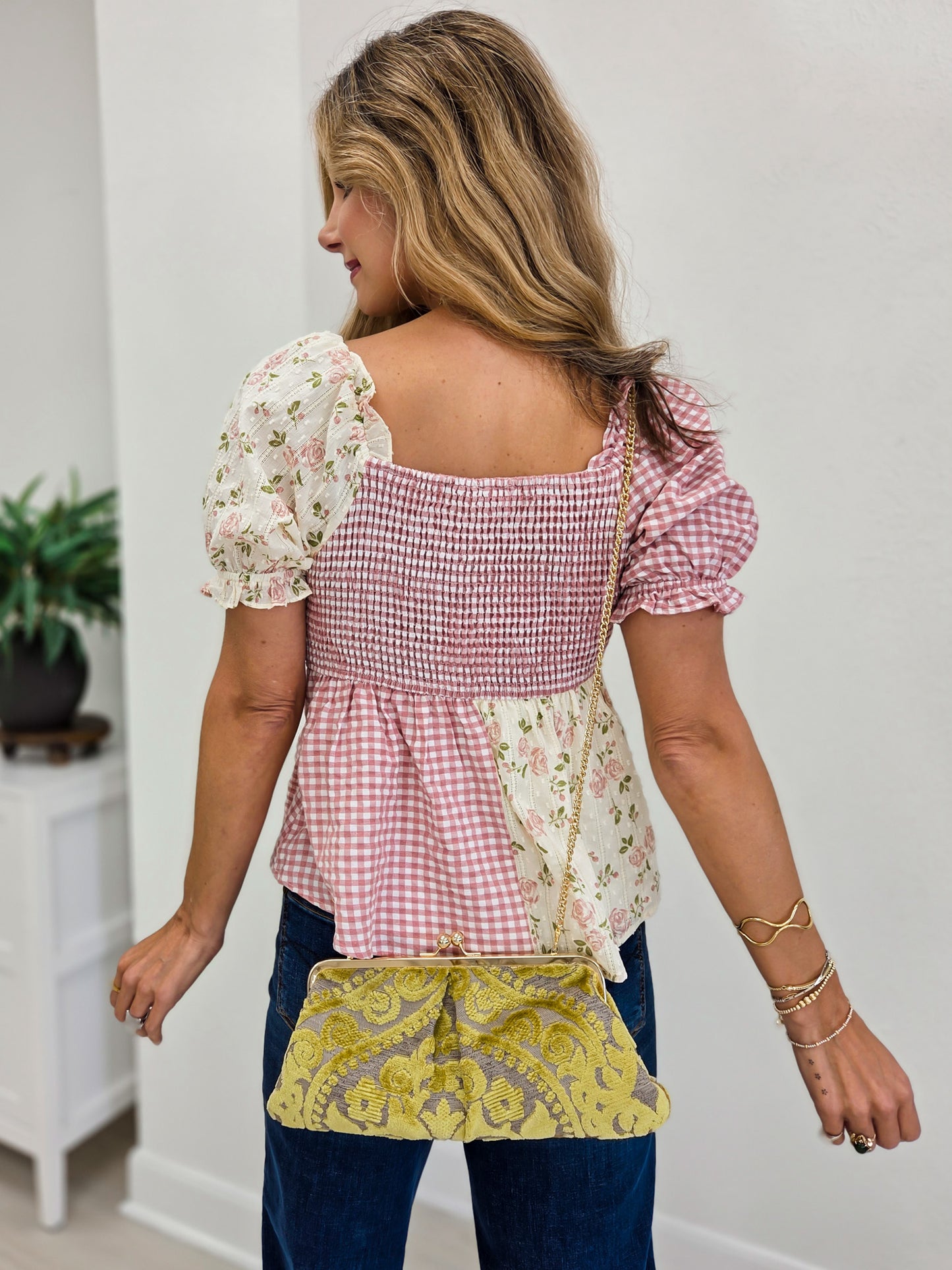 Rose Floral Gingham Sweetheart Babydoll Blouse