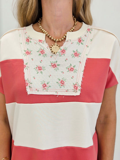 Mixed Media Floral Quilted Patch Color Block Top