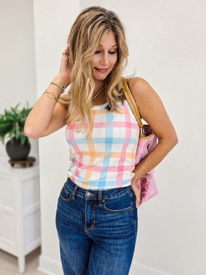 Pastel Multi Check Pointelle Knit Tank Top