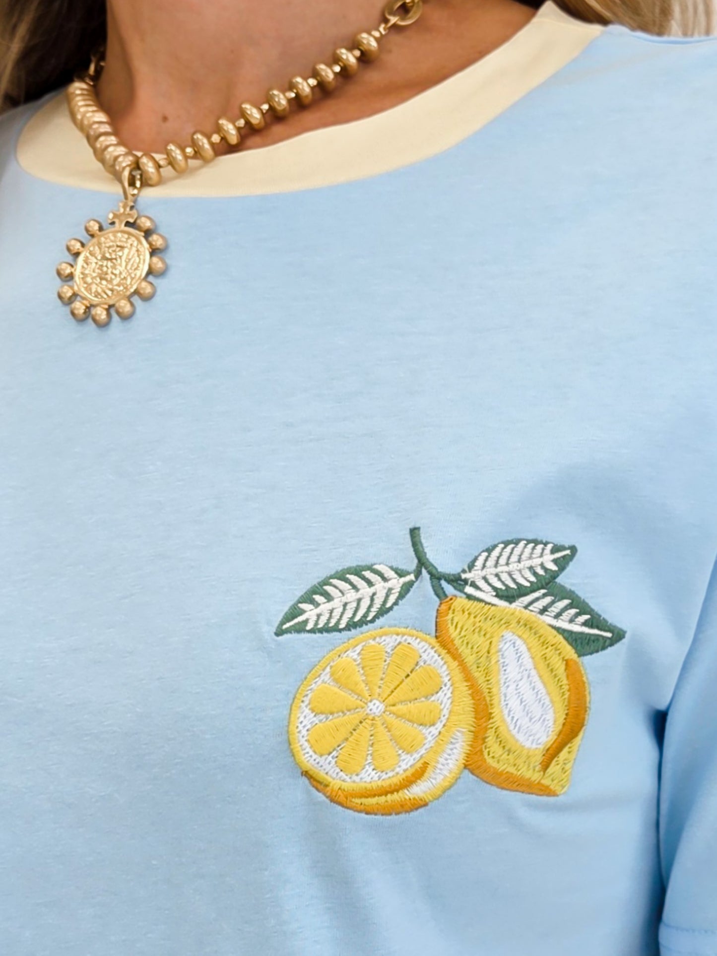 Lemon Embroidery Contrast Neck Band T-shirt
