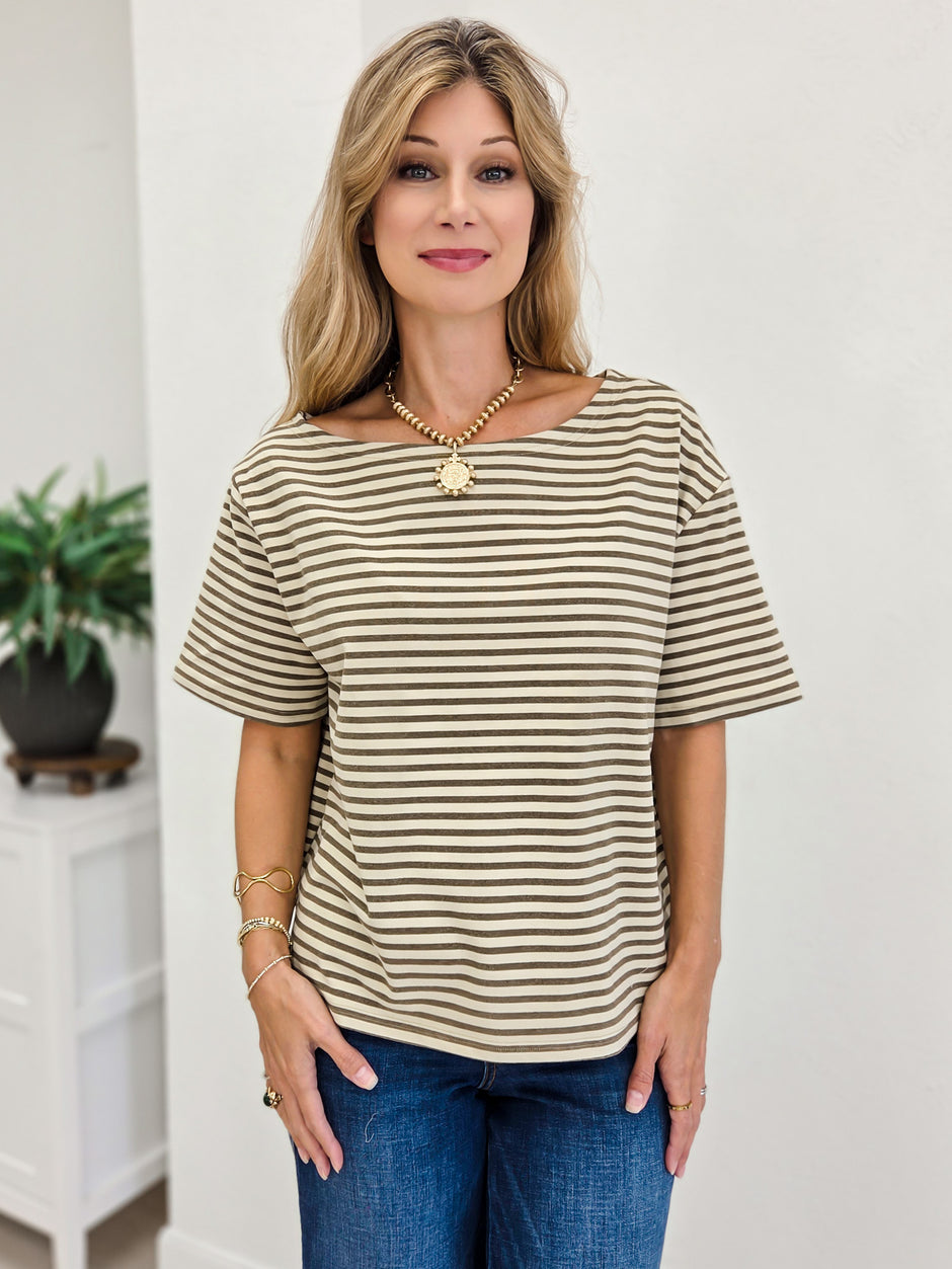 Soft Brushed Striped Off Shoulder Relaxed Top
