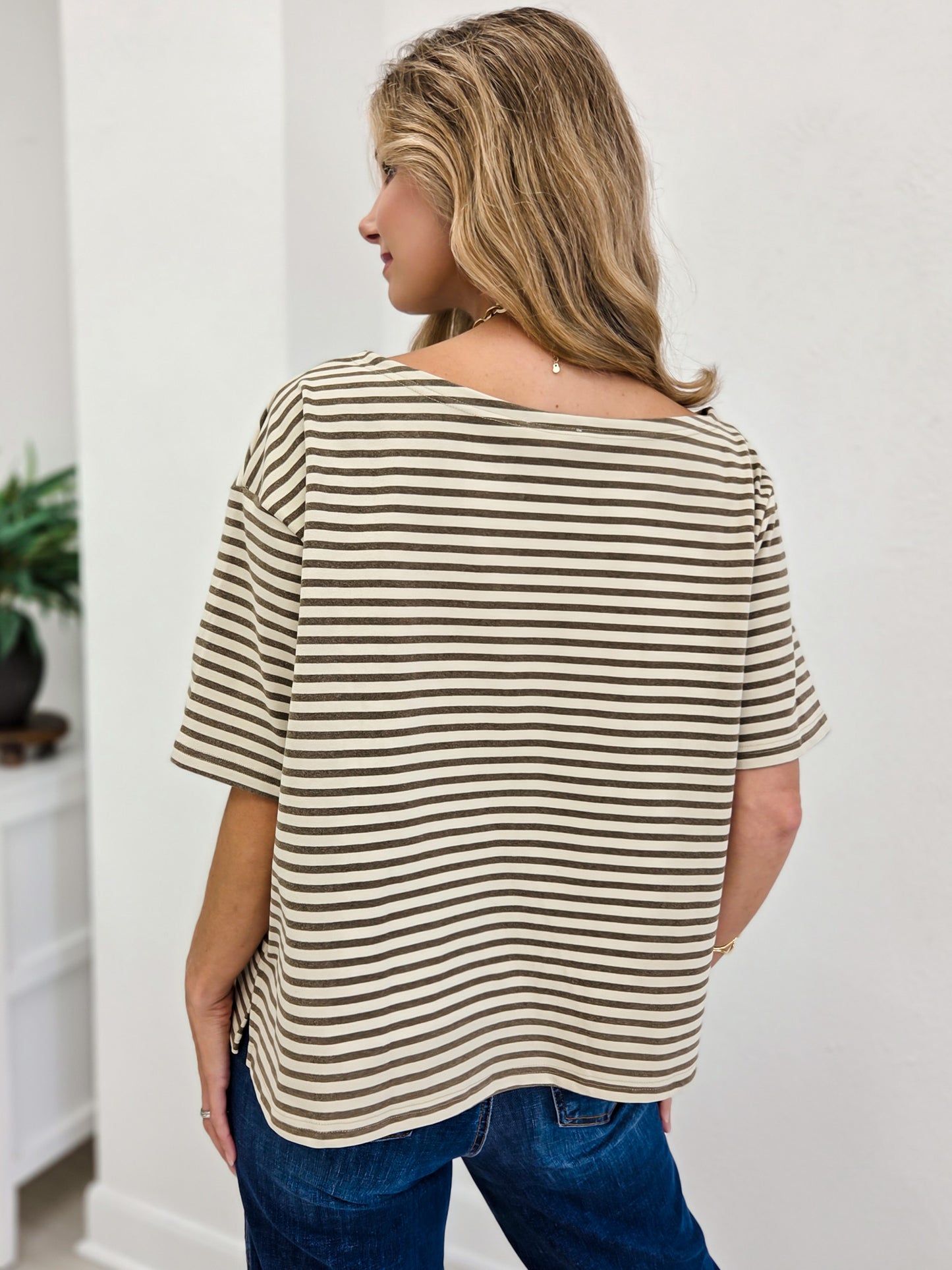 Soft Brushed Striped Off Shoulder Relaxed Top