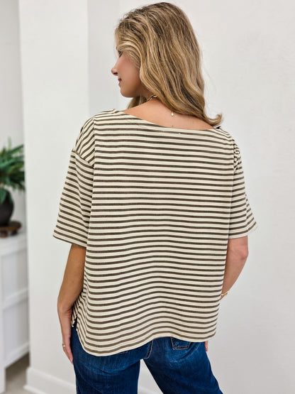 Soft Brushed Striped Off Shoulder Relaxed Top