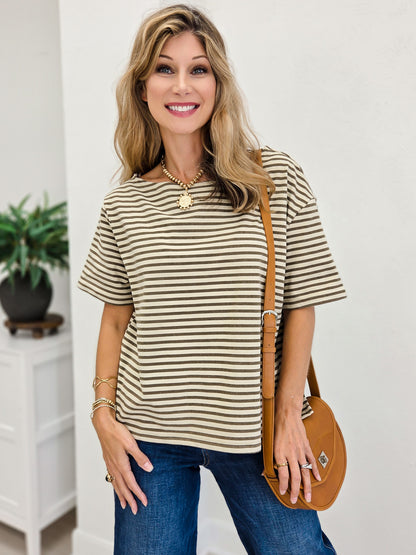 Soft Brushed Striped Off Shoulder Relaxed Top