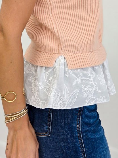 Mixed Media Embroidered Hem Sleeveless Sweater Top