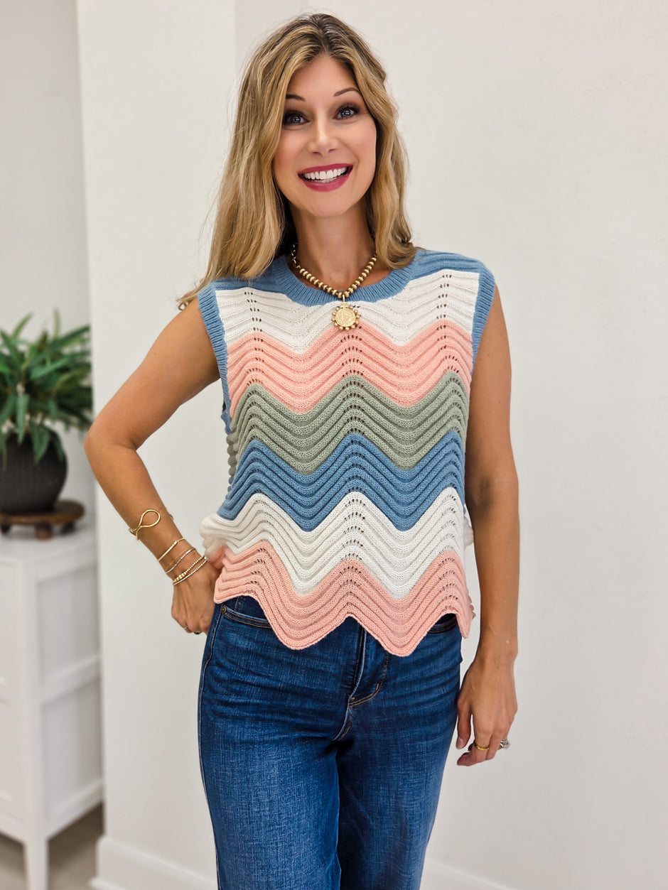 Multi-color Wave Pointelle Knit Tank Top