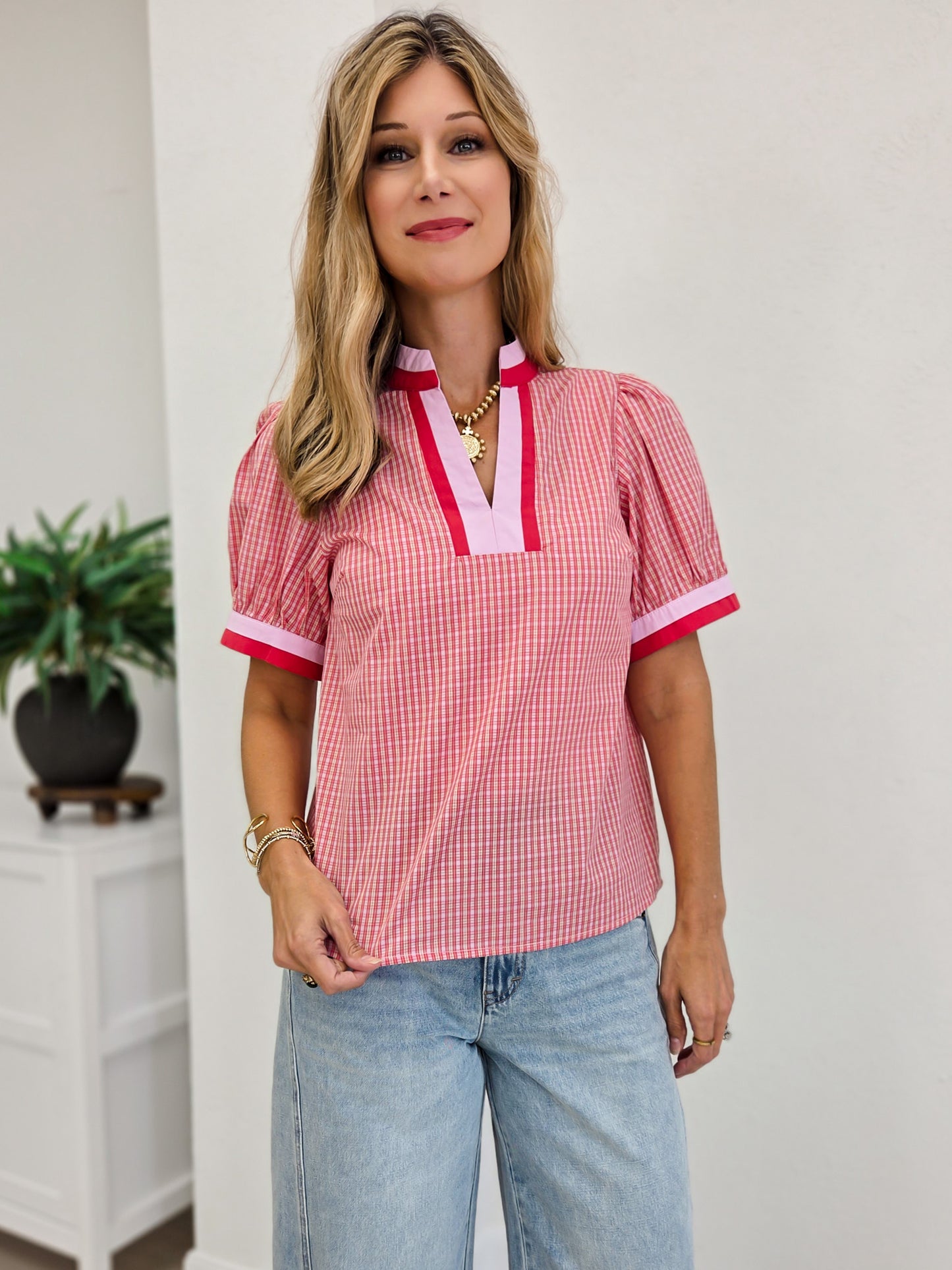 Check Print Blouse With Contrast Neckband Detail