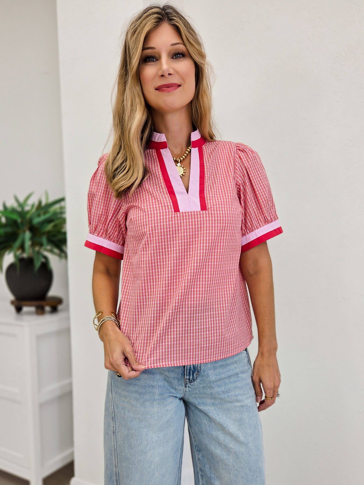 Check Print Blouse With Contrast Neckband Detail