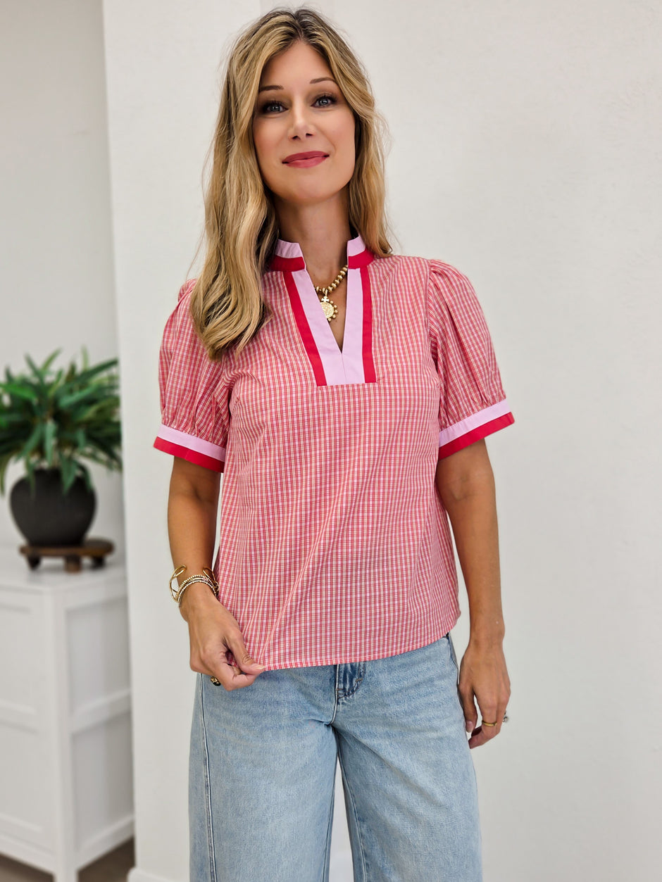 Check Print Blouse With Contrast Neckband Detail