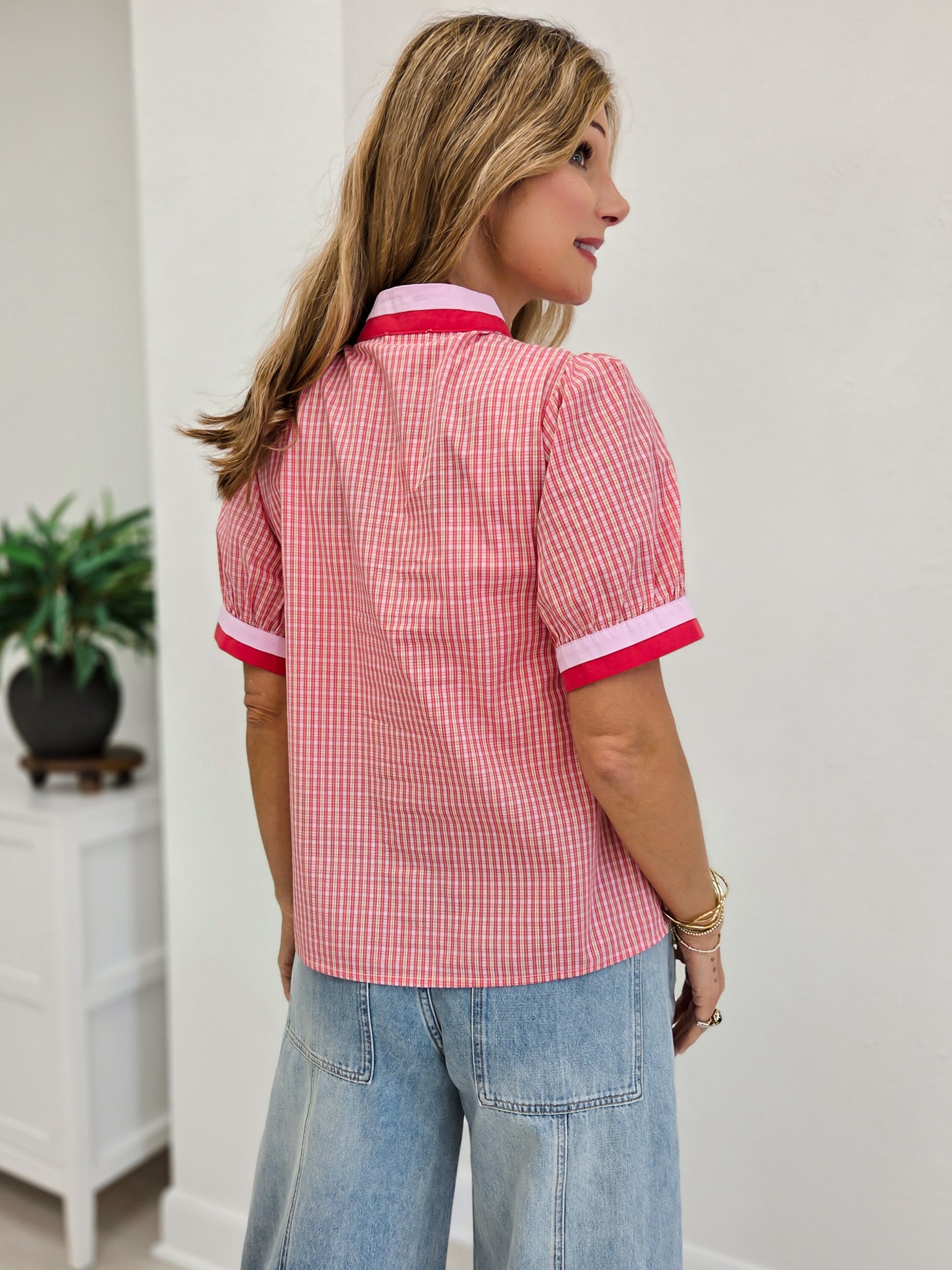 Check Print Blouse With Contrast Neckband Detail