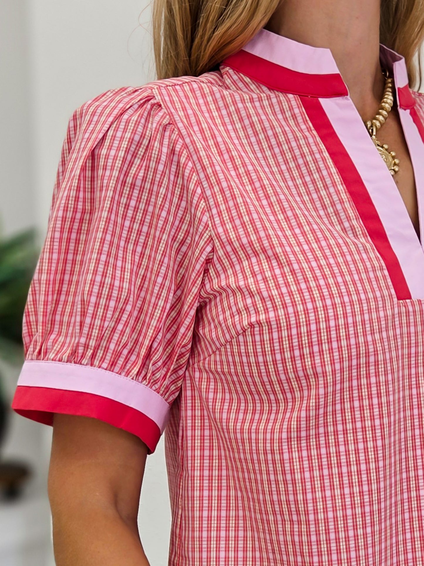Check Print Blouse With Contrast Neckband Detail