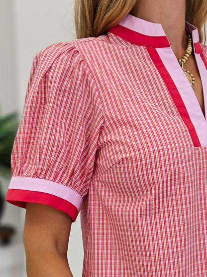 Check Print Blouse With Contrast Neckband Detail