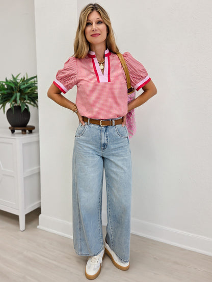 Check Print Blouse With Contrast Neckband Detail
