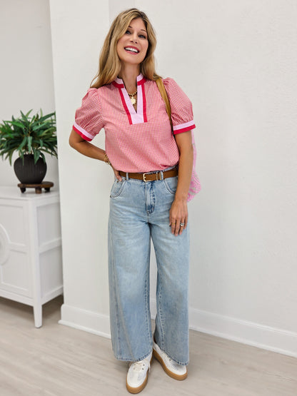Check Print Blouse With Contrast Neckband Detail