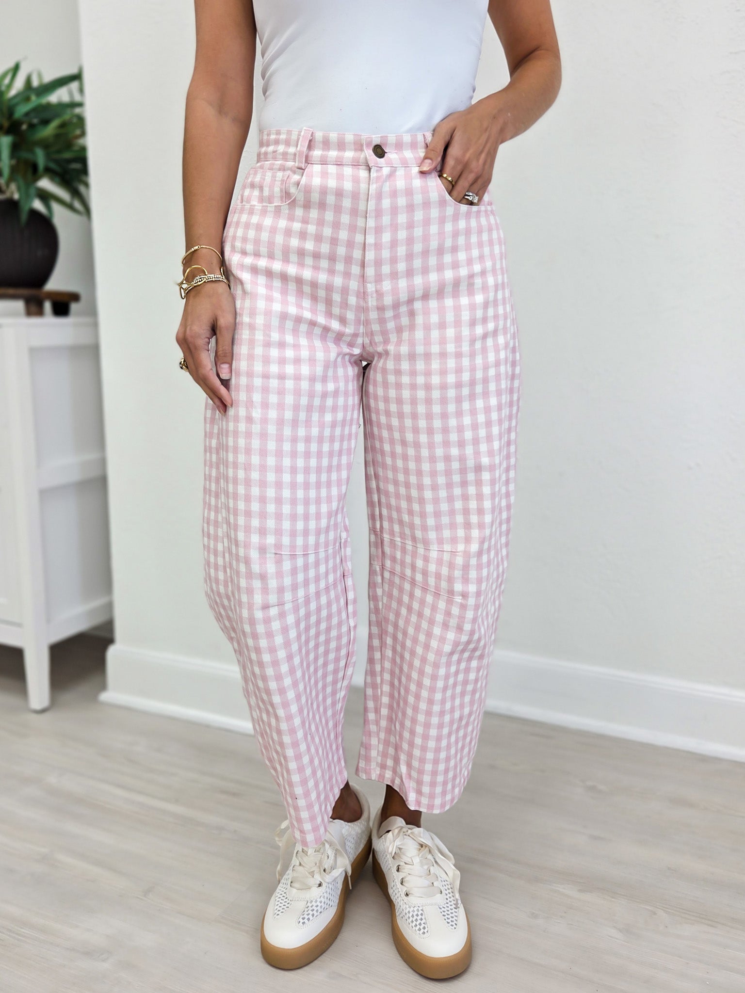 Washed Gingham Printed Twill Barrel Pants