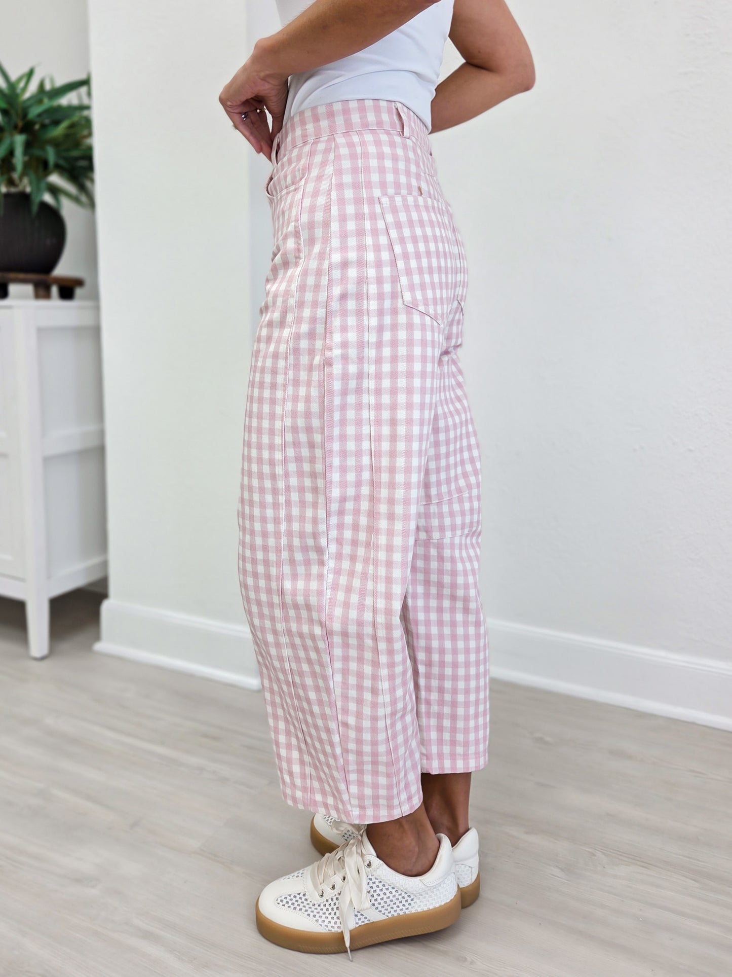 Washed Gingham Printed Twill Barrel Pants